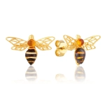 Kolczyki srebrne pozłacane pszczoły z bursztynem Bumblebees II