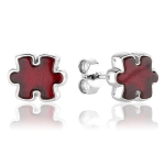 Kolczyki na sztyft srebrne puzzle z wiśniowym bursztynem