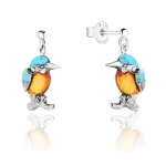 Kolczyki wiszące srebrne ptaszki zimorodki z bursztynem mini Kingfishers