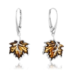 Kolczyki srebrne liście klonu z bursztynem mini Maple Leaves