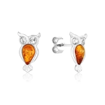 Kolczyki srebrne sowy z bursztynem mini Owls