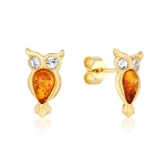 Kolczyki srebrne pozłacane sowy z bursztynem mini Owls