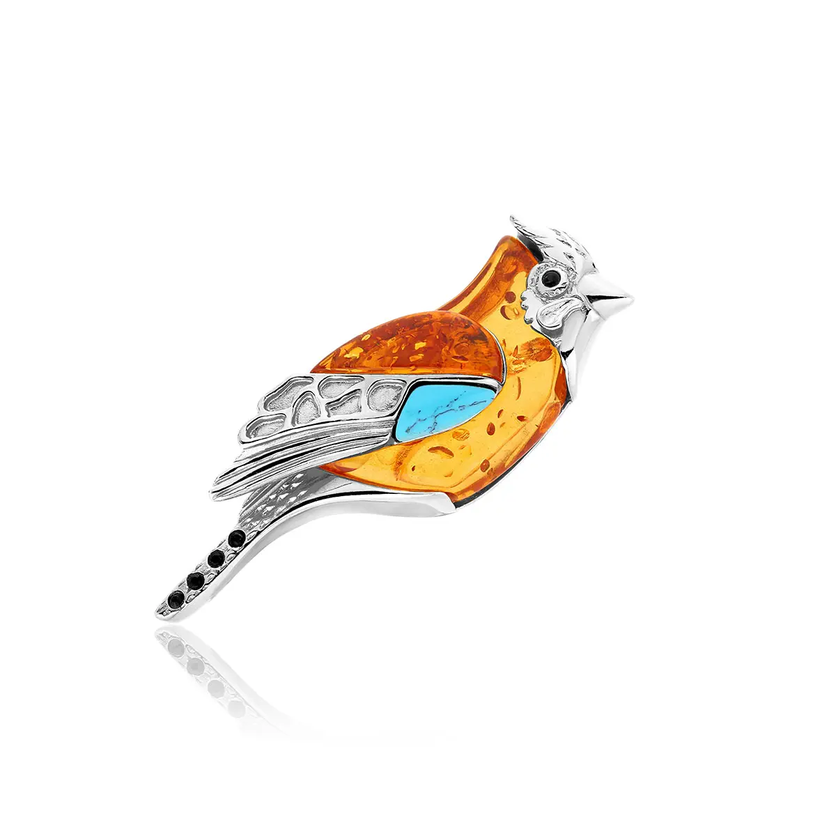 Broszka srebrna ptak sójka z bursztynem Jaybird