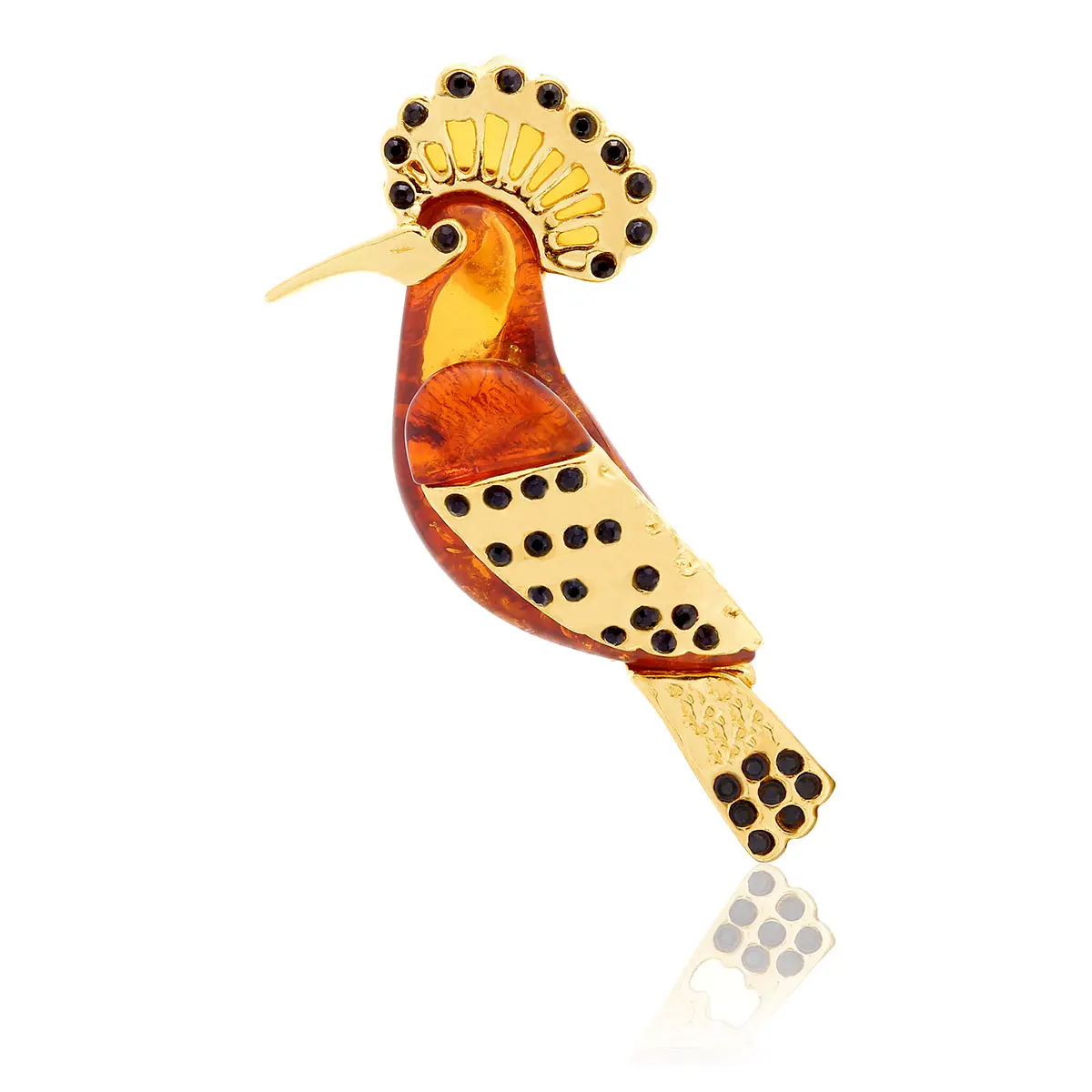 Broszka srebrna pozłacana ptak dudek z bursztynem mini Hoopoe