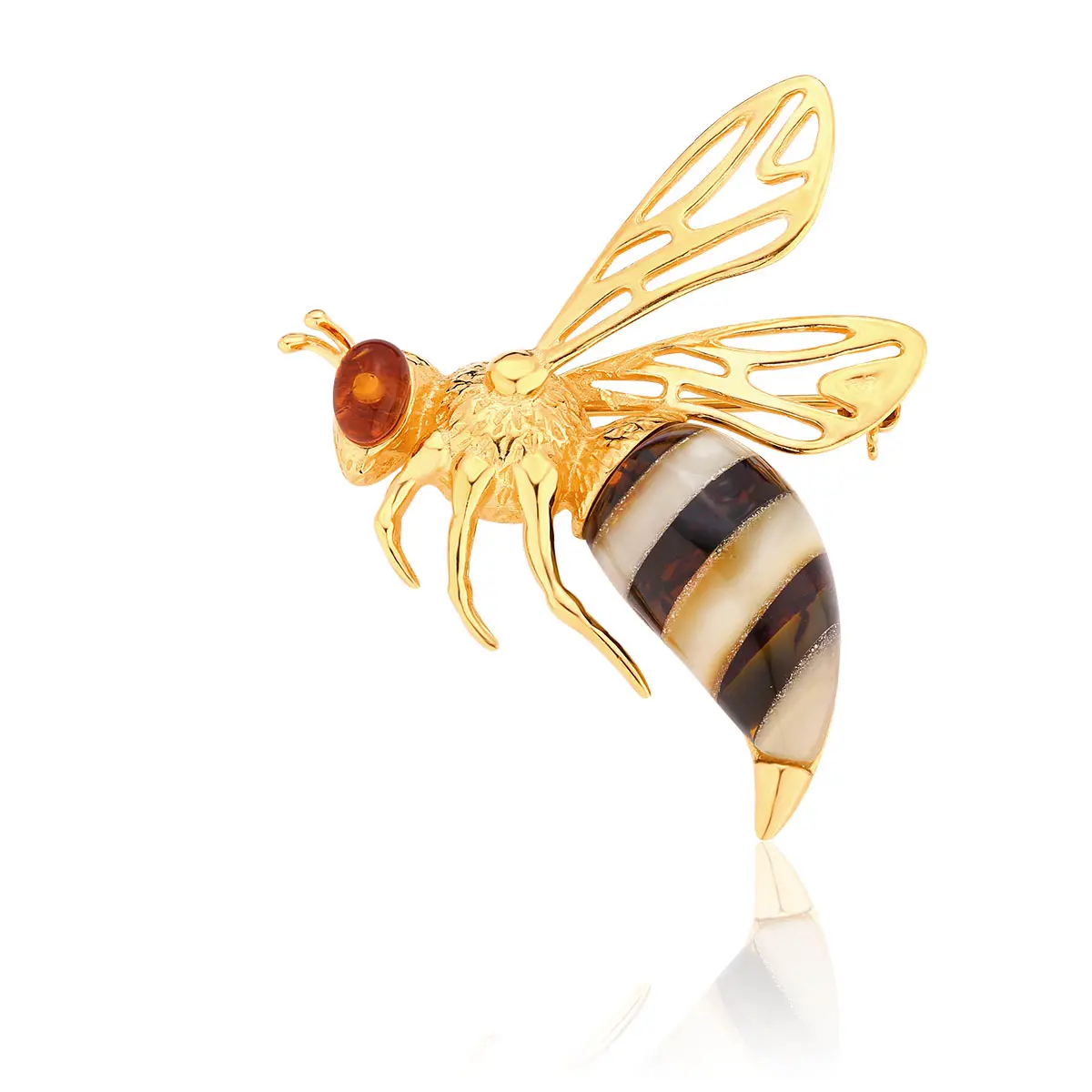 Broszka srebrna pozłacana pszczoła z bursztynem Bee