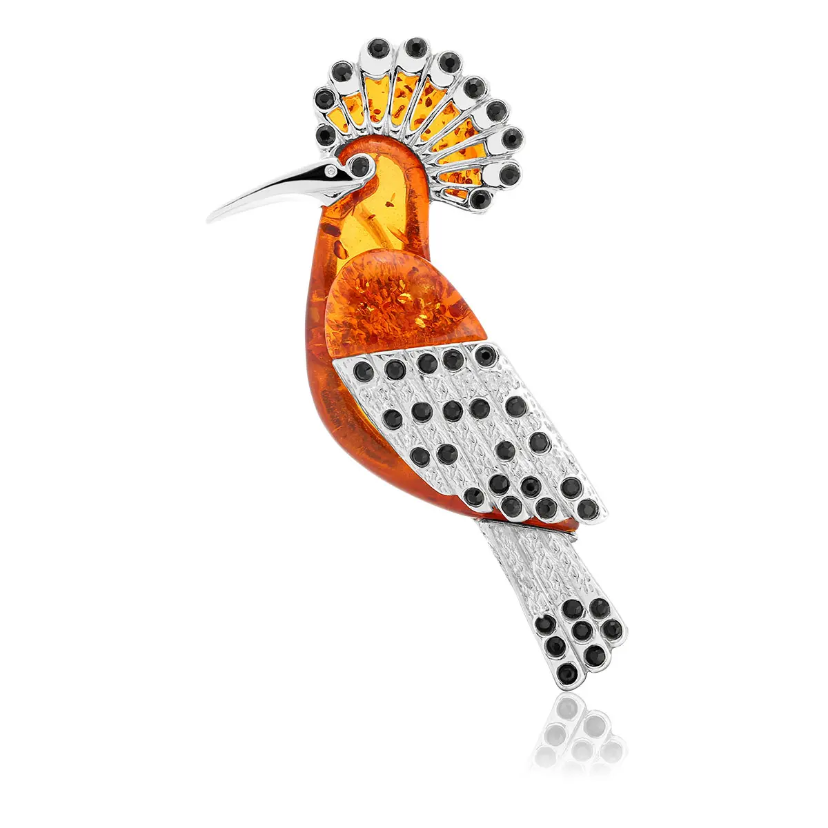 Broszka srebrna ptak dudek z bursztynem Hoopoe