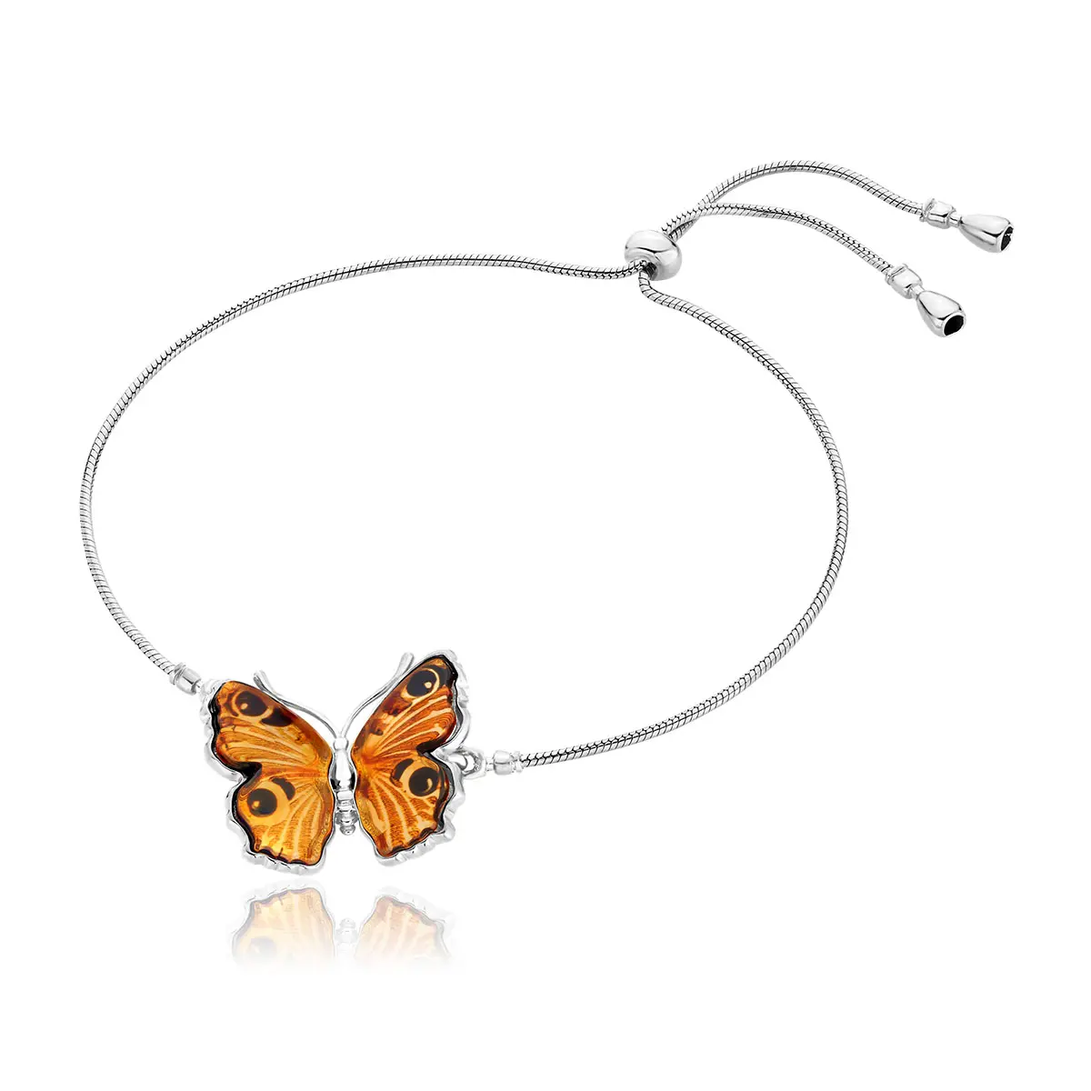 Bransoletka srebrna motyl z bursztynem Butterfly Love