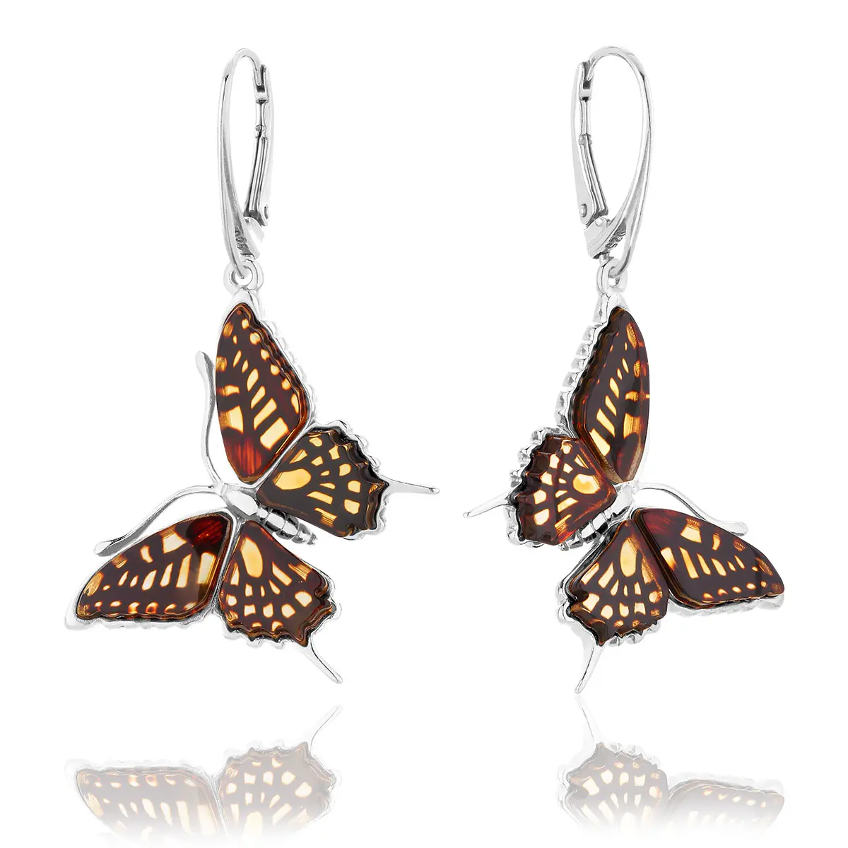 Kolczyki srebrne motyle z bursztynem Butterfly Gleam
