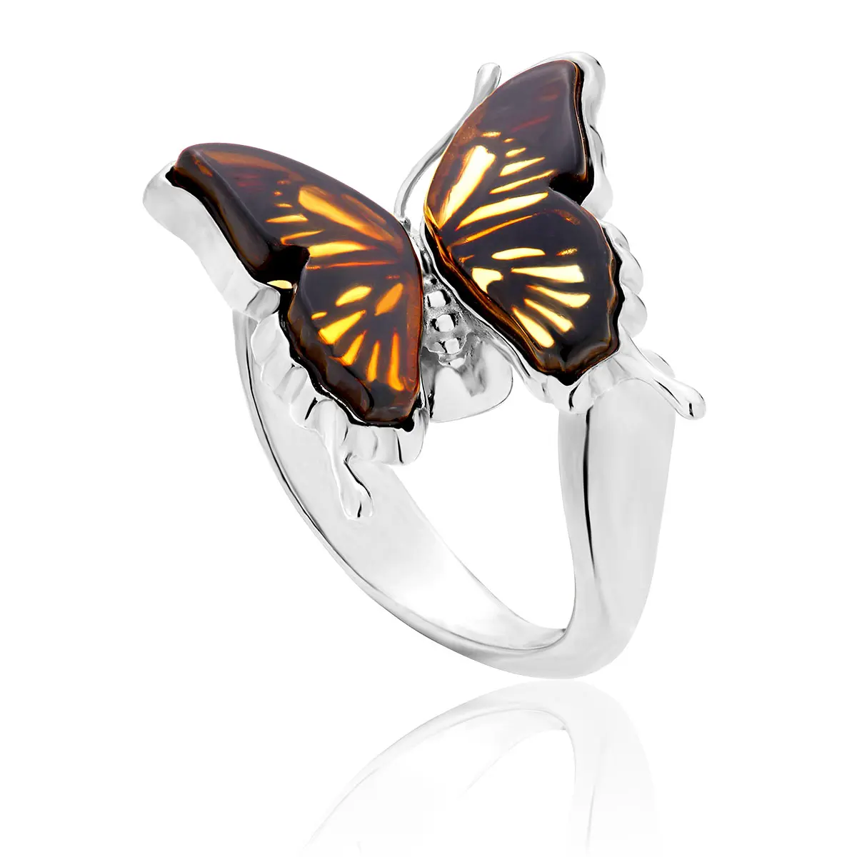 Pierścionek srebrny motyl z bursztynem mini Butterfly Touch