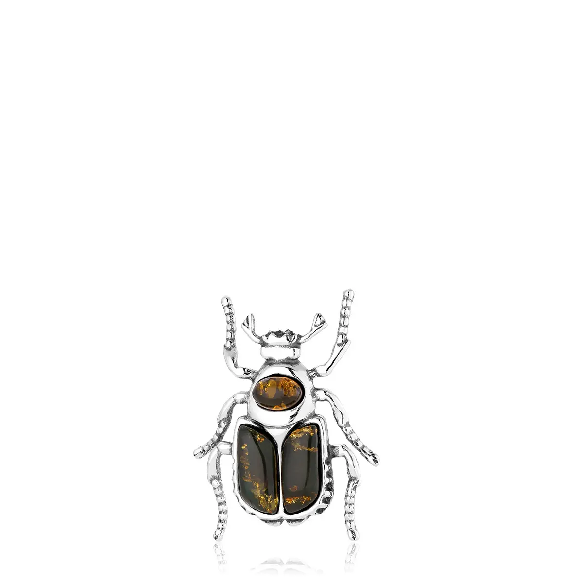 Broszka srebrna żuk z zielonym bursztynem Beetle