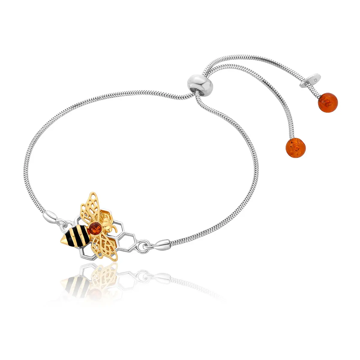 Bransoletka regulowana srebrna pszczoła z bursztynem